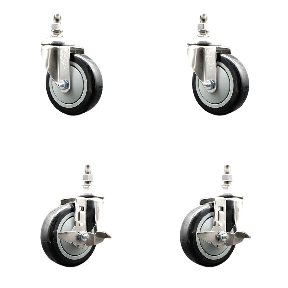 Poly Swivel Stem Caster Set of 4 with 4 Inch Black Caster Wheels - 3/8" Threaded Stems - 316 Stainless Steel Casters - Includes 2 Swivel Casters with Top Lock Brakes and 2 Swivel -Service Caster Brand — photo 1