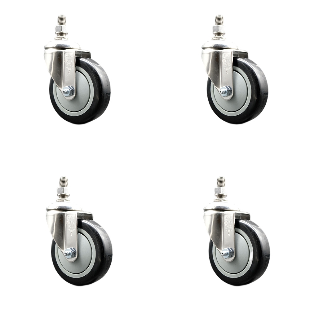 Polyurethane Swivel Stem Caster Set of 4 with 4 Inch Black Caster Wheels - 3/8" Threaded Stems - 316 Stainless Steel Casters - Includes 4 Swivel Casters - Service Caster Brand — photo 1