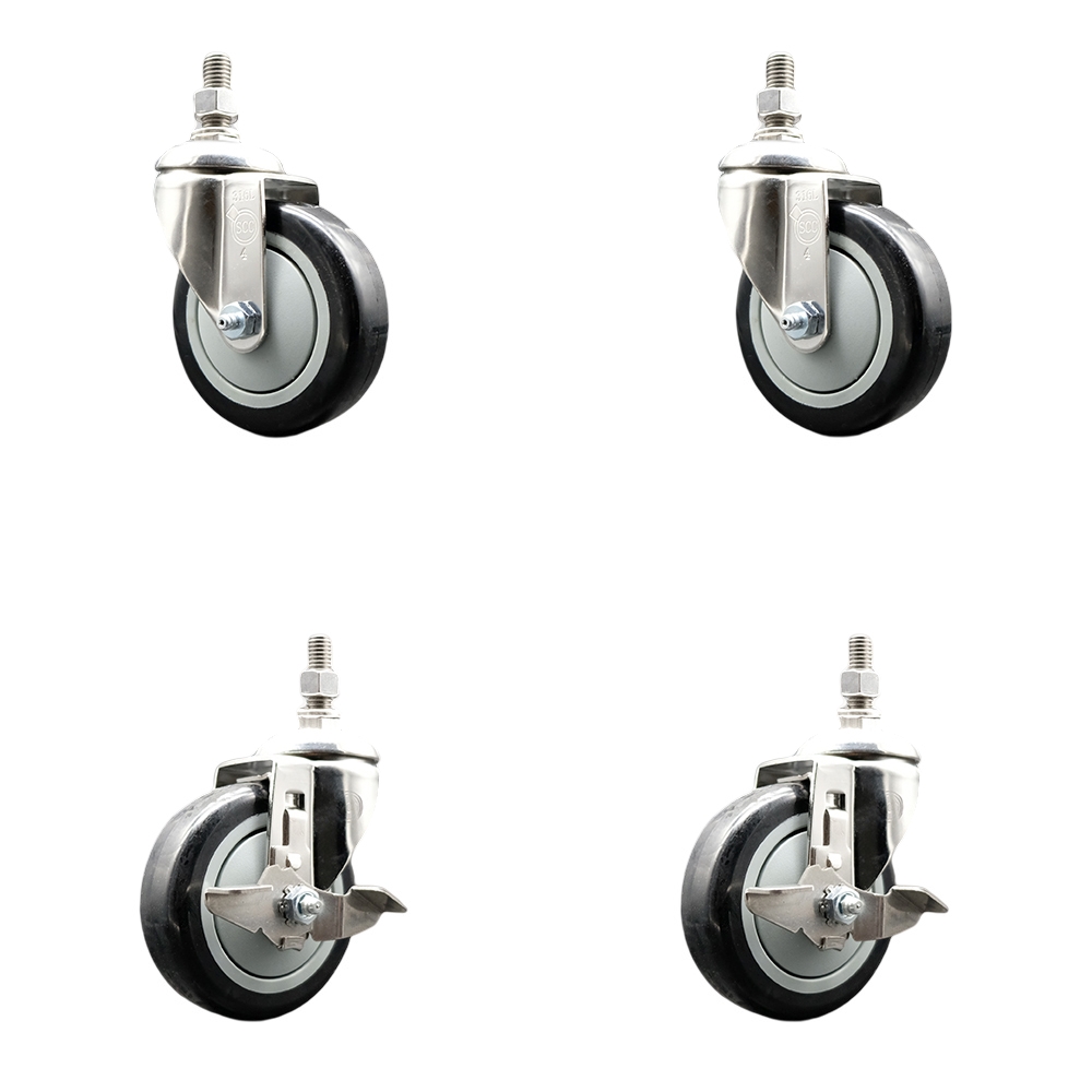 Poly Swivel Stem Caster Set of 4 with 4 Inch Black Caster Wheels-10mm Metric Threaded Stems-316 Stainless Steel Casters-Includes 2 Swivel Casters with Top Lock Brakes and 2 Swivel-Service Caster Brand — photo 1