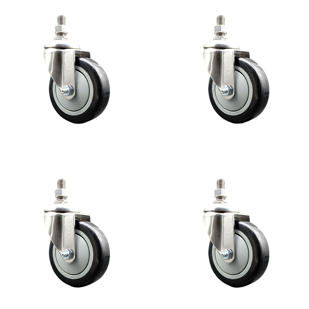 Polyurethane Swivel Stem Caster Set of 4 with 4 Inch Black Caster Wheels - 10mm Metric Threaded Stems - 316 Stainless Steel Casters - Includes 4 Swivel Casters - Service Caster Brand — photo 1