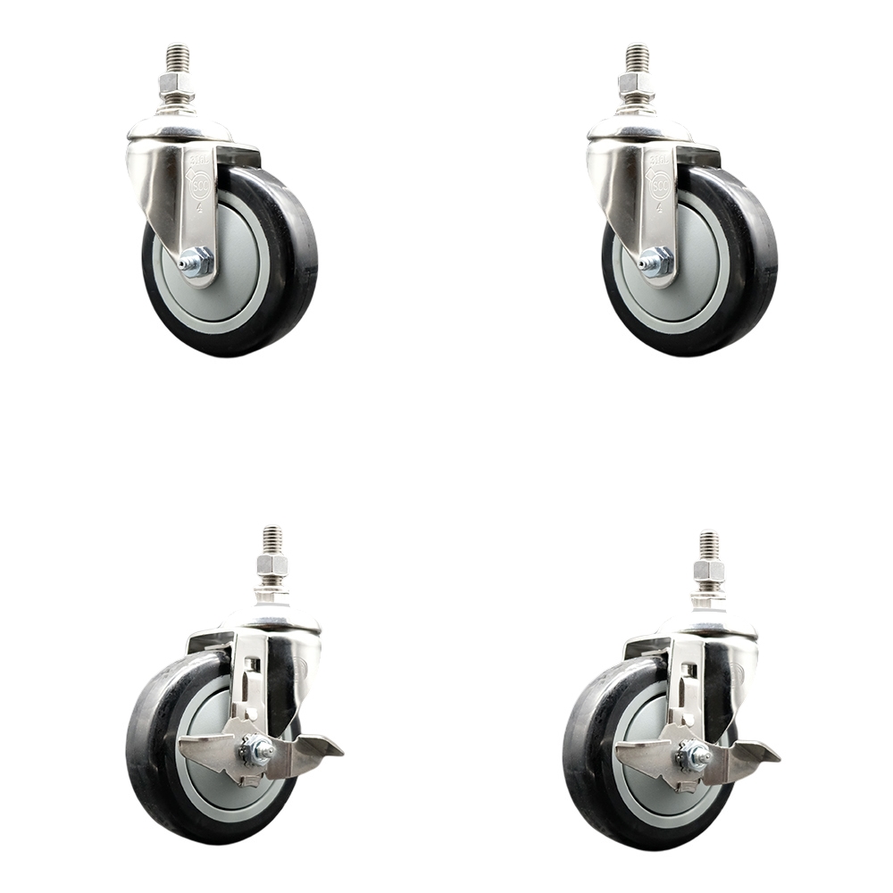 Poly Swivel Stem Caster Set of 4 with 4 Inch Black Caster Wheels-12mm Metric Threaded Stems-316 Stainless Steel Casters-Includes 2 Swivel Casters with Top Lock Brakes and 2 Swivel-Service Caster Brand — photo 1