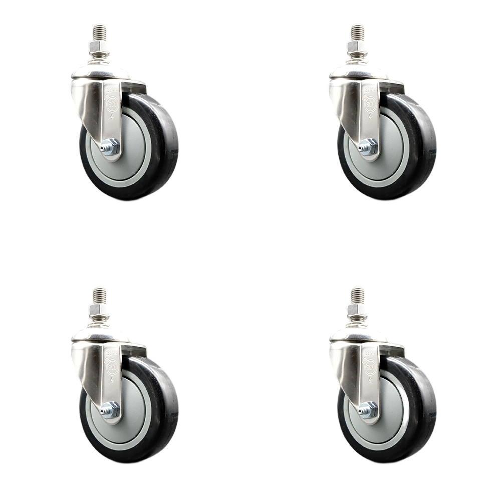 Polyurethane Swivel Stem Caster Set of 4 with 4 Inch Black Caster Wheels - 12mm Metric Threaded Stems - 316 Stainless Steel Casters - Includes 4 Swivel Casters - Service Caster Brand — photo 1