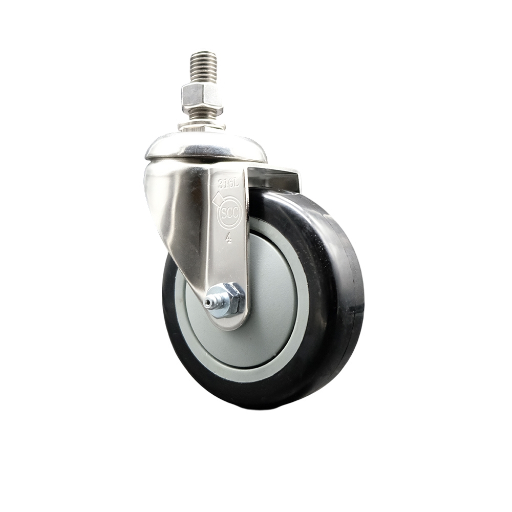 Polyurethane Swivel Stem Caster with 4 Inch Black Caster Wheel - 12mm Metric Threaded Stem - 316 Stainless Steel Caster - 350 lbs. Capacity Per Caster - Service Caster Brand — photo 1