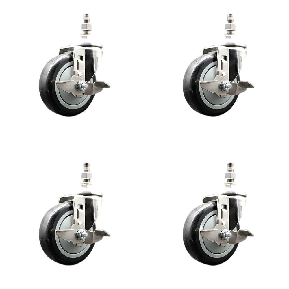 Polyurethane Swivel Stem Caster Set of 4 with 4 Inch Black Caster Wheels - 1/2" Threaded Stems - 316 Stainless Steel Casters - Includes 4 Swivel Casters with Top Lock Brakes - Service Caster Brand — photo 1