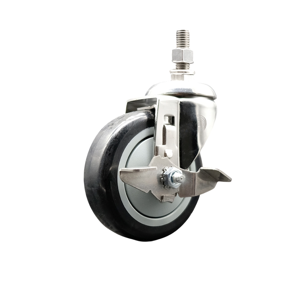 Polyurethane Swivel Stem Caster with 4 Inch Black Caster Wheel and Top Lock Brake - 1/2" Threaded Stem - 316 Stainless Steel Caster - 350 lbs. Capacity Per Caster - Service Caster Brand — photo 1