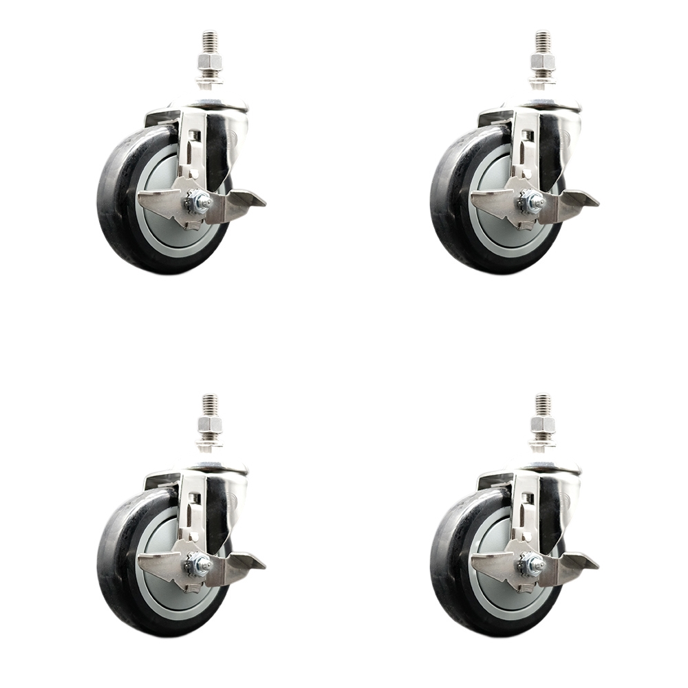 Polyurethane Swivel Stem Caster Set of 4 with 4 Inch Black Caster Wheels - 3/8" Threaded Stems - 316 Stainless Steel Casters - Includes 4 Swivel Casters with Top Lock Brakes - Service Caster Brand — photo 1