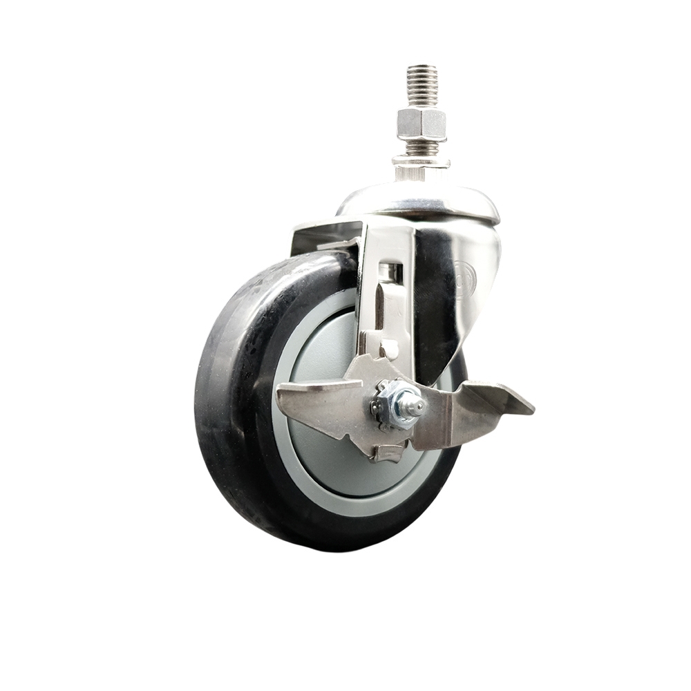 Polyurethane Swivel Stem Caster with 4 Inch Black Caster Wheel and Top Lock Brake - 3/8" Threaded Stem - 316 Stainless Steel Caster - 350 lbs. Capacity Per Caster - Service Caster Brand — photo 1