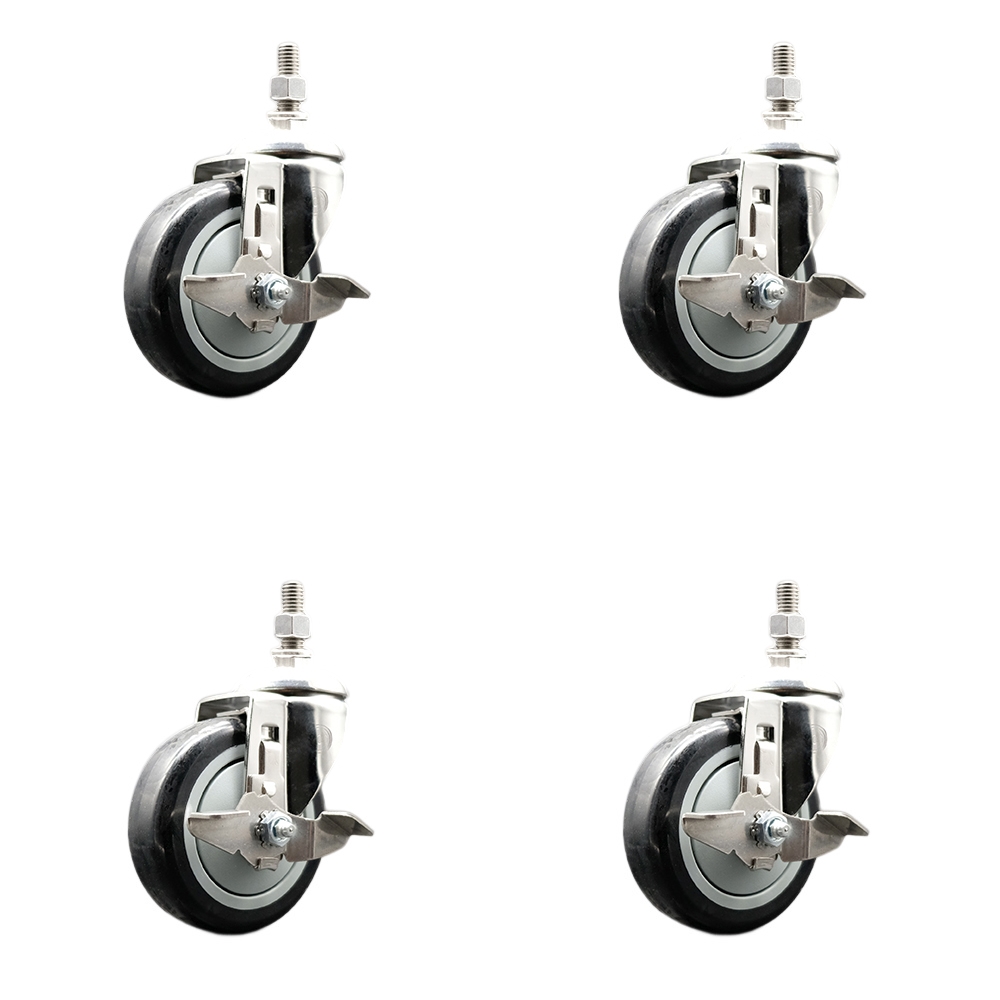 Polyurethane Swivel Stem Caster Set of 4 with 4 Inch Black Caster Wheels - 10mm Metric Threaded Stems - 316 Stainless Steel Casters -Includes 4 Swivel Casters with Top Lock Brakes-Service Caster Brand — photo 1