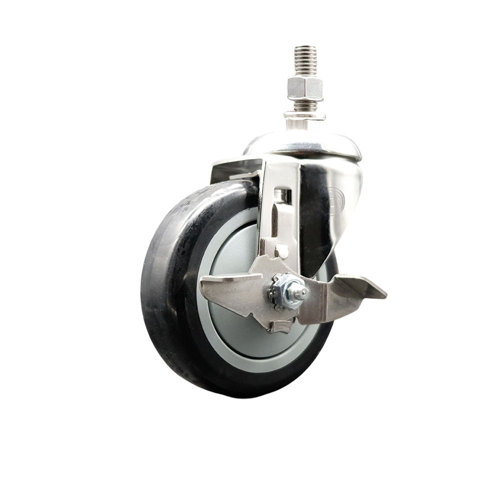 Polyurethane Swivel Stem Caster with 4 Inch Black Caster Wheel and Top Lock Brake - 10mm Metric Threaded Stem - 316 Stainless Steel Caster - 350 lbs. Capacity Per Caster - Service Caster Brand — photo 1