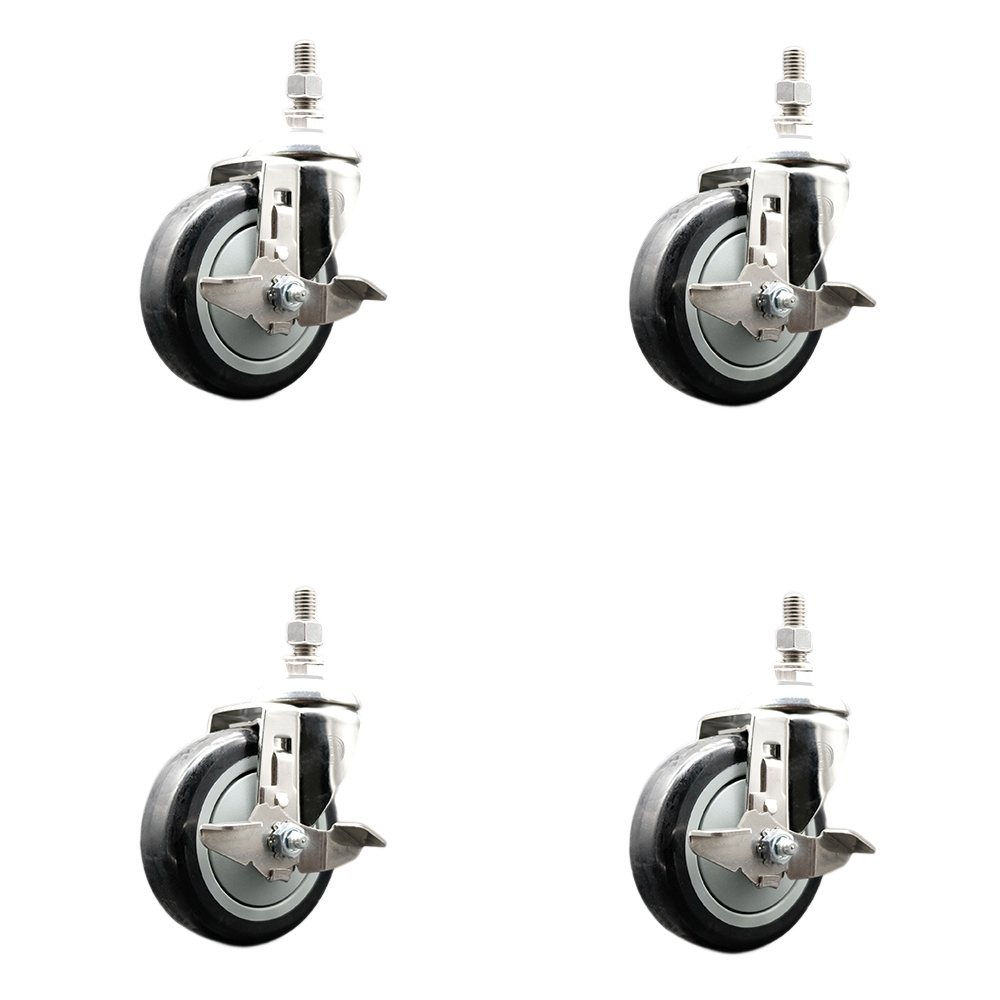 Polyurethane Swivel Stem Caster Set of 4 with 4 Inch Black Caster Wheels - 12mm Metric Threaded Stems - 316 Stainless Steel Casters -Includes 4 Swivel Casters with Top Lock Brakes-Service Caster Brand — photo 1