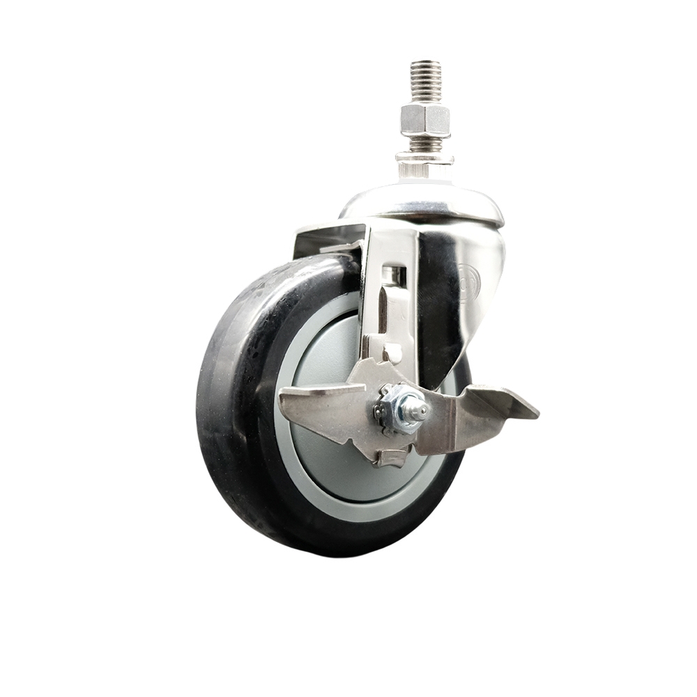 Polyurethane Swivel Stem Caster with 4 Inch Black Caster Wheel and Top Lock Brake - 12mm Metric Threaded Stem - 316 Stainless Steel Caster - 350 lbs. Capacity Per Caster - Service Caster Brand — photo 1