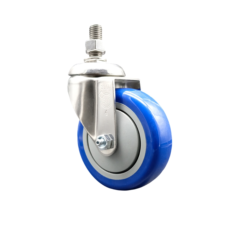 Polyurethane Swivel Stem Caster with 4 Inch Blue Caster Wheel - 1/2" Threaded Stem - 316 Stainless Steel Caster - 350 lbs. Capacity Per Caster - Service Caster Brand — photo 1