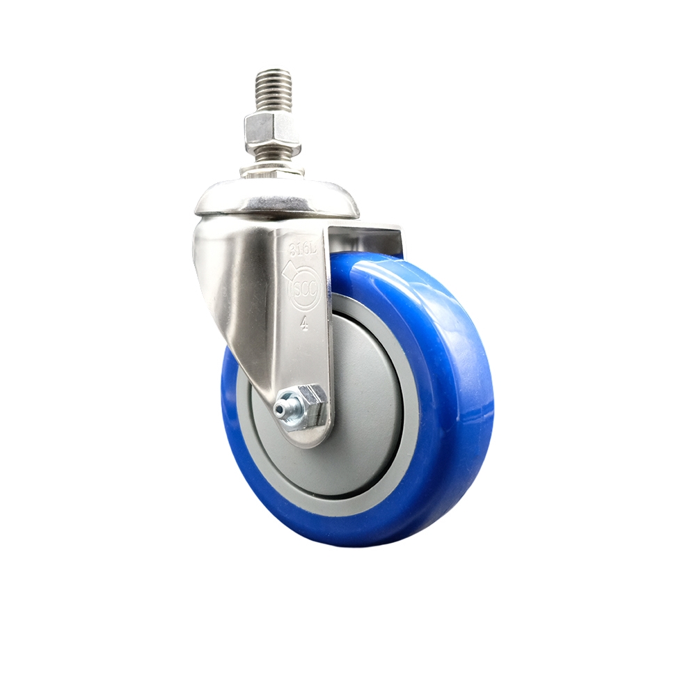 Polyurethane Swivel Stem Caster with 4 Inch Blue Caster Wheel - 3/8" Threaded Stem - 316 Stainless Steel Caster - 350 lbs. Capacity Per Caster - Service Caster Brand — photo 1