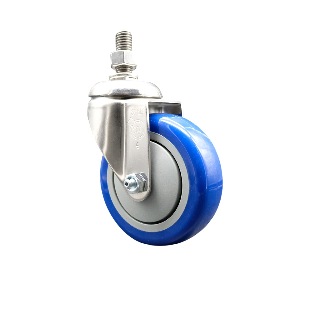 Polyurethane Swivel Stem Caster with 4 Inch Blue Caster Wheel - 12mm Metric Threaded Stem - 316 Stainless Steel Caster - 350 lbs. Capacity Per Caster - Service Caster Brand — photo 1