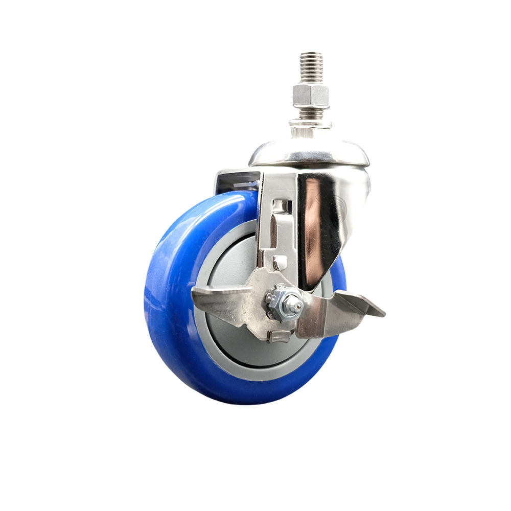 Polyurethane Swivel Stem Caster with 4 Inch Blue Caster Wheel and Top Lock Brake - 1/2" Threaded Stem - 316 Stainless Steel Caster - 350 lbs. Capacity Per Caster - Service Caster Brand — photo 1