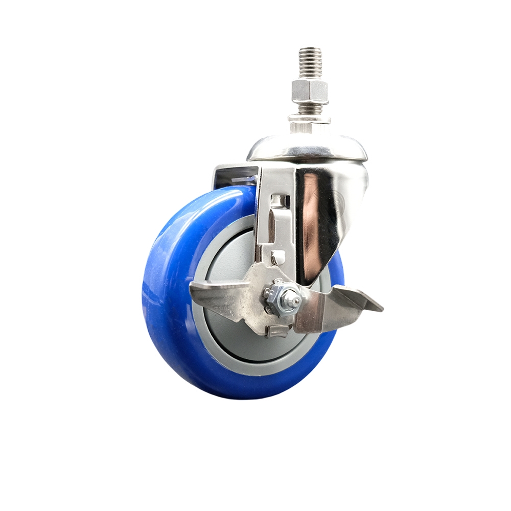 Polyurethane Swivel Stem Caster with 4 Inch Blue Caster Wheel and Top Lock Brake - 3/8" Threaded Stem - 316 Stainless Steel Caster - 350 lbs. Capacity Per Caster - Service Caster Brand — photo 1