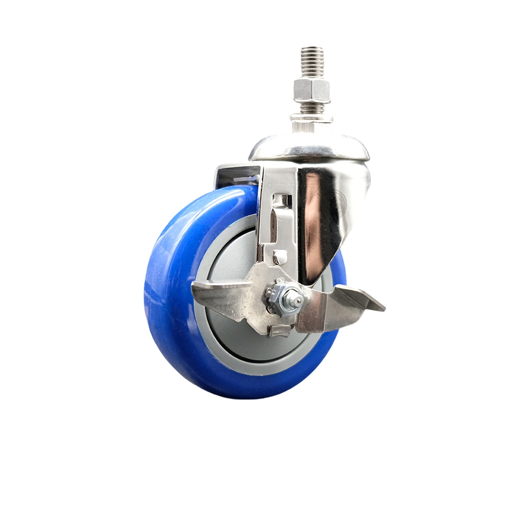 Polyurethane Swivel Stem Caster with 4 Inch Blue Caster Wheel and Top Lock Brake - 10mm Metric Threaded Stem - 316 Stainless Steel Caster - 350 lbs. Capacity Per Caster - Service Caster Brand — photo 1