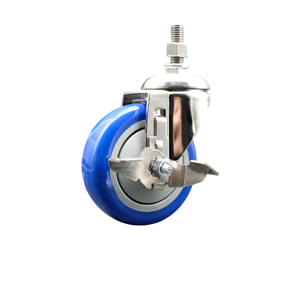 Polyurethane Swivel Stem Caster with 4 Inch Blue Caster Wheel and Top Lock Brake - 12mm Metric Threaded Stem - 316 Stainless Steel Caster - 350 lbs. Capacity Per Caster - Service Caster Brand — photo 1