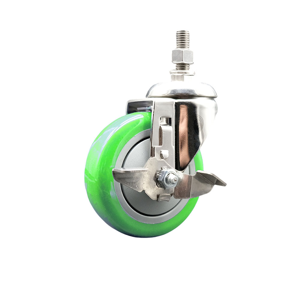 Polyurethane Swivel Stem Caster with 4 Inch Green Caster Wheel and Top Lock Brake - 1/2" Threaded Stem - 316 Stainless Steel Caster - 350 lbs. Capacity Per Caster - Service Caster Brand — photo 1