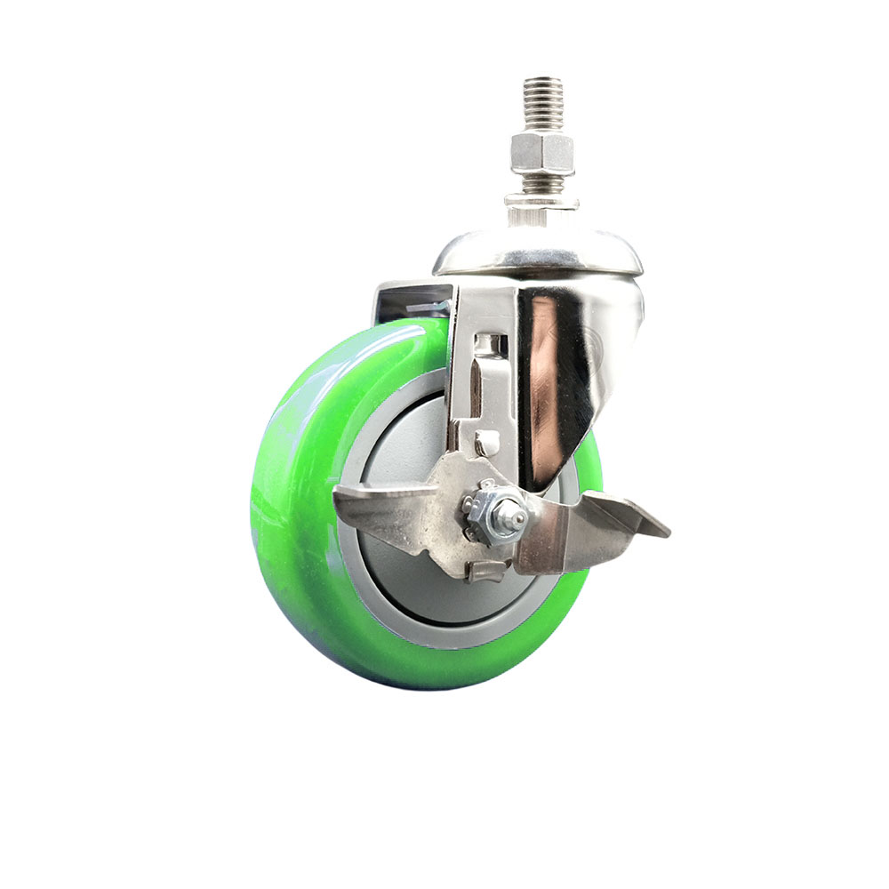 Polyurethane Swivel Stem Caster with 4 Inch Green Caster Wheel and Top Lock Brake - 12mm Metric Threaded Stem - 316 Stainless Steel Caster - 350 lbs. Capacity Per Caster - Service Caster Brand — photo 1