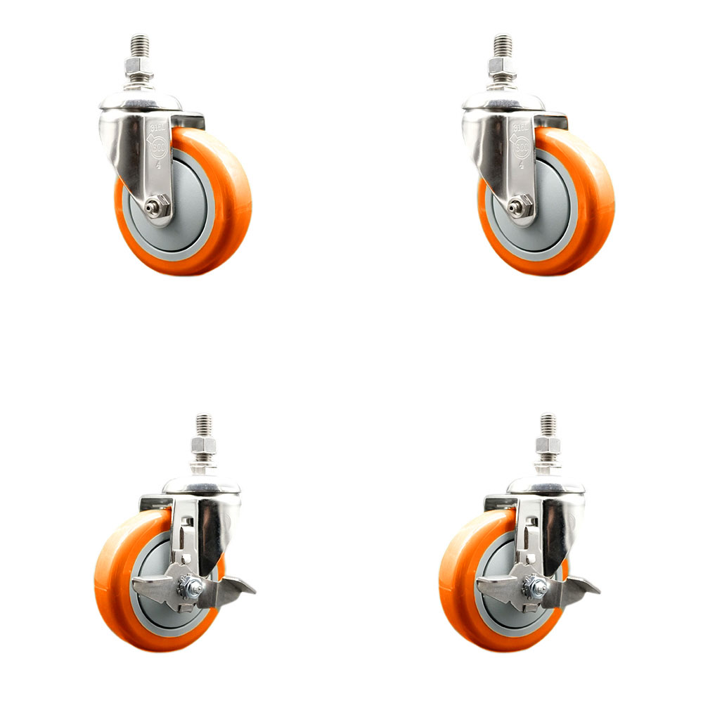 Poly Swivel Stem Caster Set of 4 with 4 Inch Orange Caster Wheels-10mm Metric Threaded Stems-316 Stainless Steel Casters-Includes 2 Swivel Casters with Top Lock Brake and 2 Swivel-Service Caster Brand — photo 1