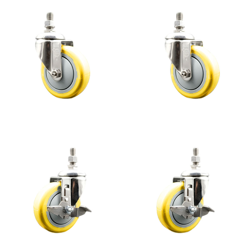 Poly Swivel Stem Caster Set of 4 with 4 Inch Yellow Caster Wheels-10mm Metric Threaded Stems-316 Stainless Steel Casters-Includes 2 Swivel Casters with Top Lock Brake and 2 Swivel-Service Caster Brand — photo 1