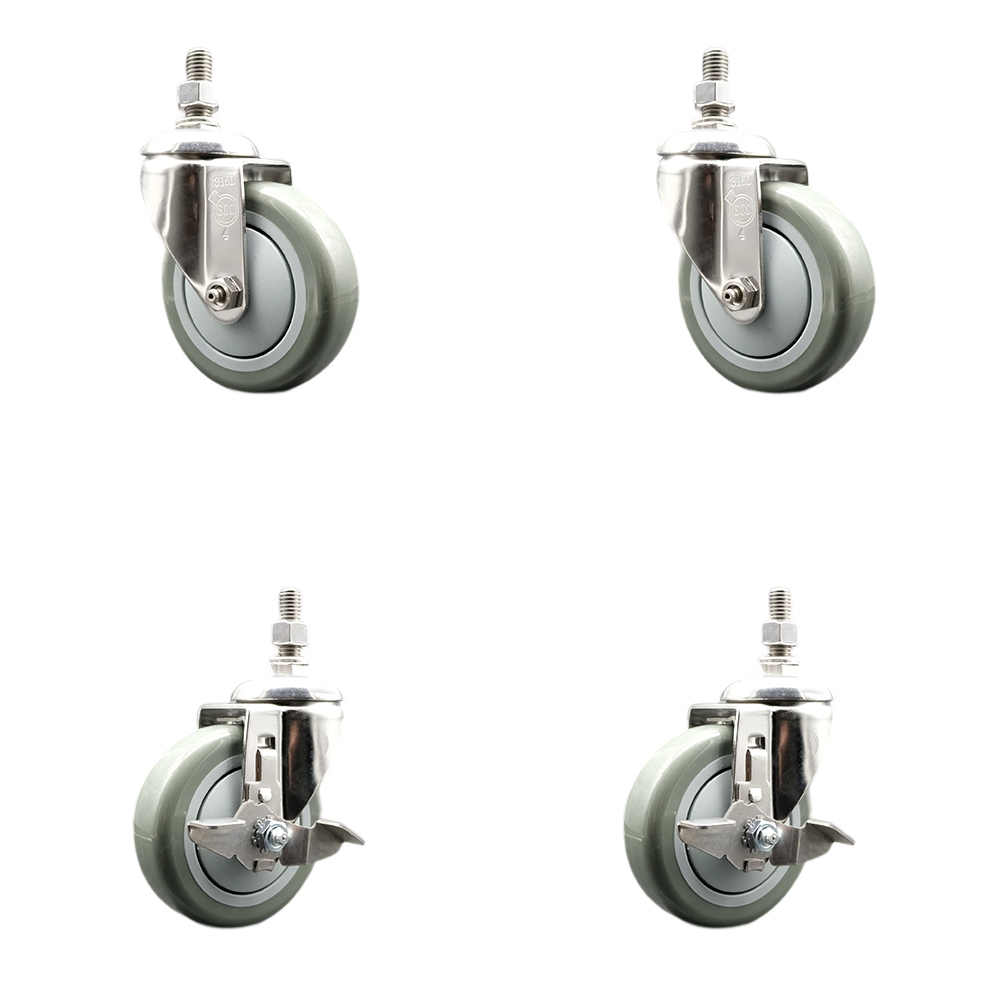Poly Swivel Stem Caster Set of 4 with 4 Inch Gray Caster Wheels-10mm Metric Threaded Stems-316 Stainless Steel Casters-Includes 2 Swivel Casters with Top Lock Brakes and 2 Swivel-Service Caster Brand — photo 1