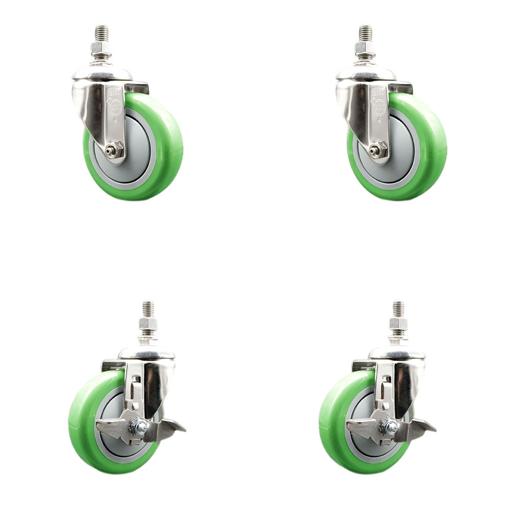 Poly Swivel Stem Caster Set of 4 with 4 Inch Green Caster Wheels-10mm Metric Threaded Stems-316 Stainless Steel Casters-Includes 2 Swivel Casters with Top Lock Brakes and 2 Swivel-Service Caster Brand — photo 1
