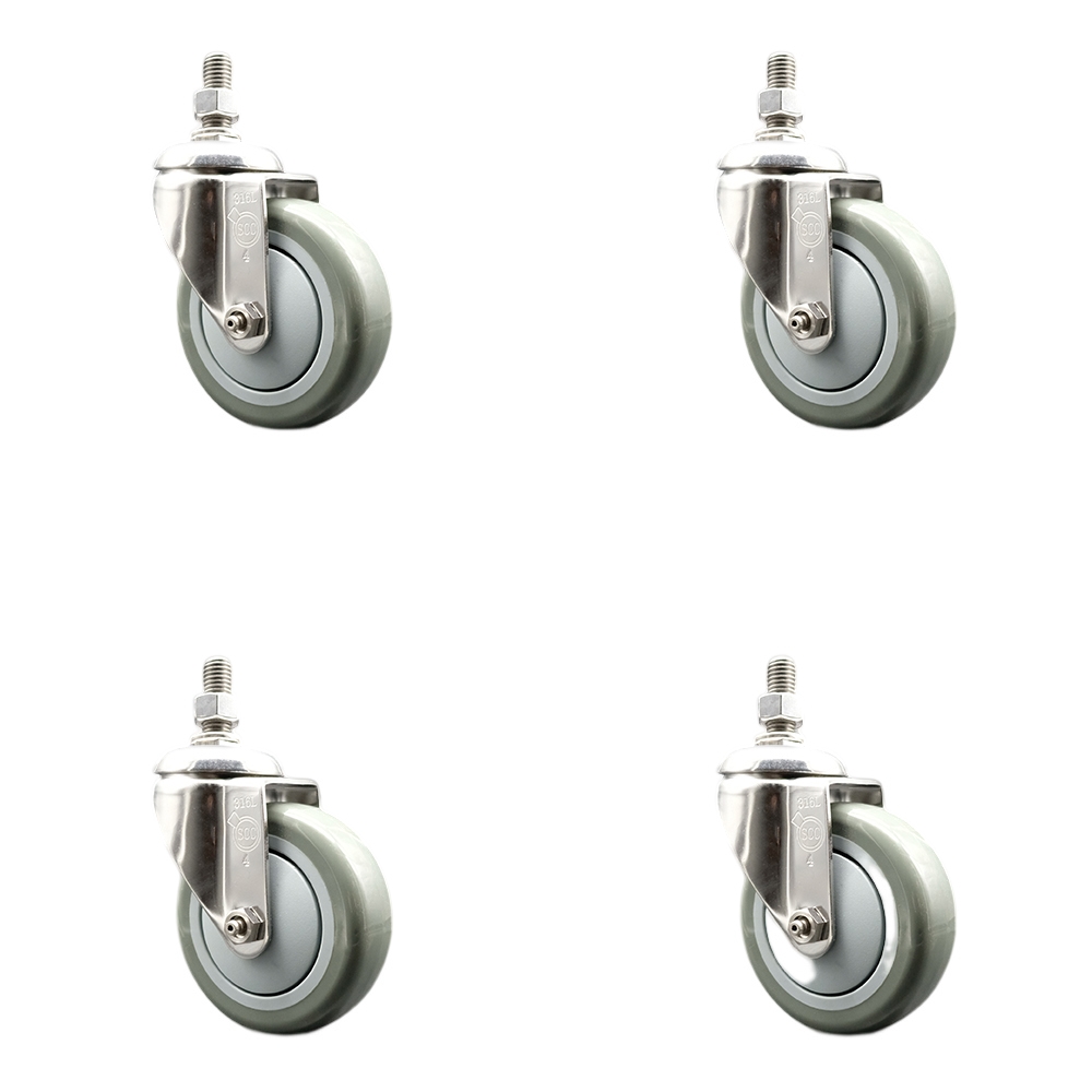 Polyurethane Swivel Stem Caster Set of 4 with 4 Inch Gray Caster Wheels - 10mm Metric Threaded Stems - 316 Stainless Steel Casters - Includes 4 Swivel Casters - Service Caster Brand — photo 1