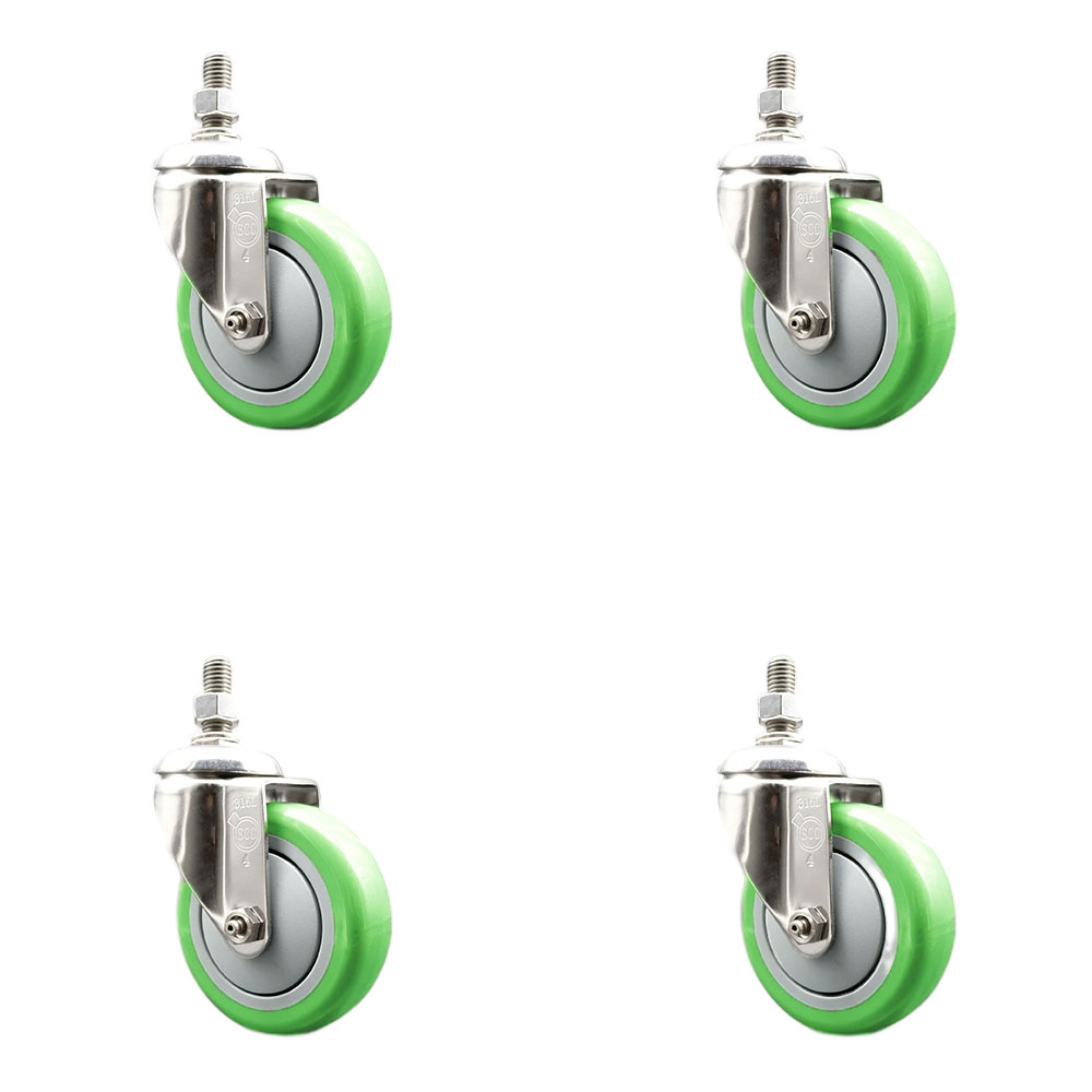 Polyurethane Swivel Stem Caster Set of 4 with 4 Inch Green Caster Wheels - 10mm Metric Threaded Stems - 316 Stainless Steel Casters - Includes 4 Swivel Casters - Service Caster Brand — photo 1