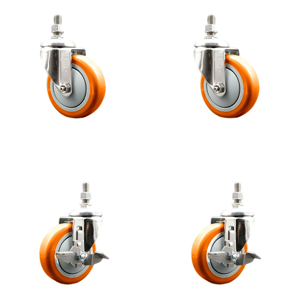 Poly Swivel Stem Caster Set of 4 with 4 Inch Orange Caster Wheels-12mm Metric Threaded Stems-316 Stainless Steel Casters-Includes 2 Swivel Casters with Top Lock Brake and 2 Swivel-Service Caster Brand — photo 1