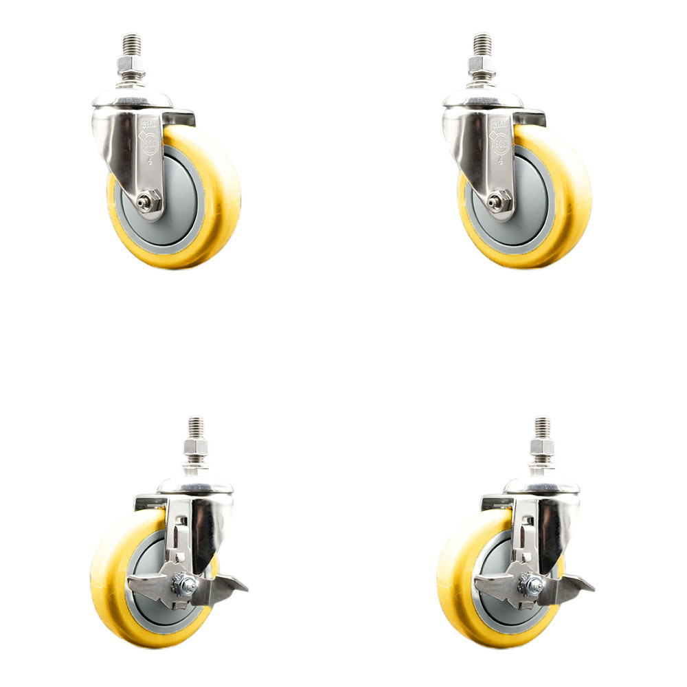 Poly Swivel Stem Caster Set of 4 with 4 Inch Yellow Caster Wheels-12mm Metric Threaded Stems-316 Stainless Steel Casters-Includes 2 Swivel Casters with Top Lock Brake and 2 Swivel-Service Caster Brand — photo 1