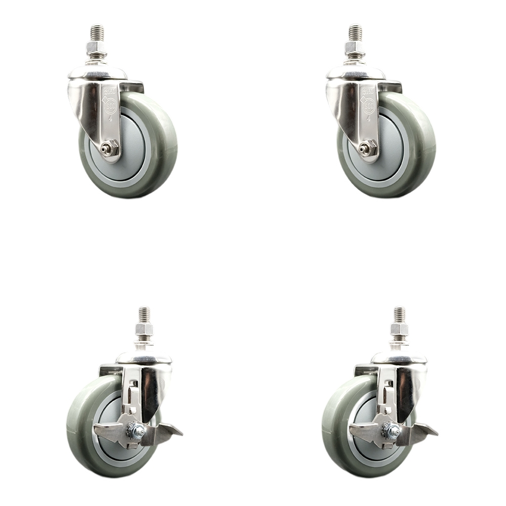 Poly Swivel Stem Caster Set of 4 with 4 Inch Gray Caster Wheels-12mm Metric Threaded Stems-316 Stainless Steel Casters-Includes 2 Swivel Casters with Top Lock Brakes and 2 Swivel-Service Caster Brand — photo 1