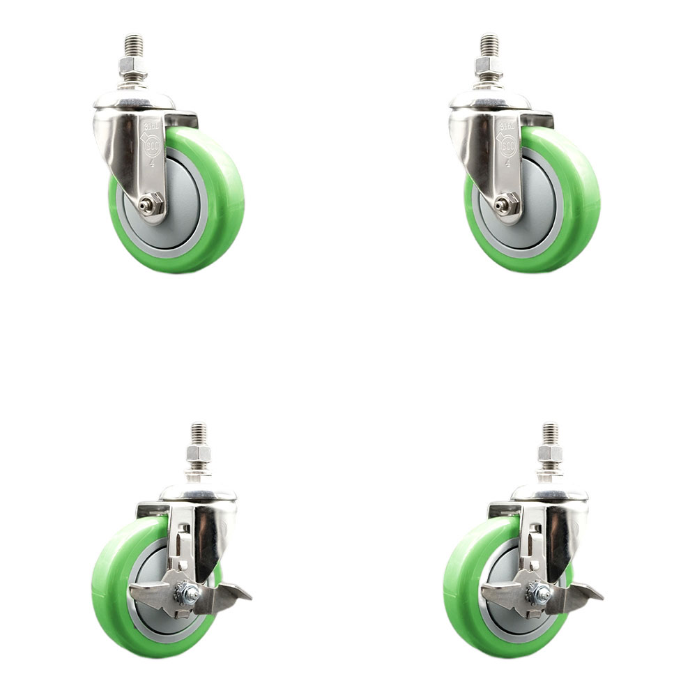Poly Swivel Stem Caster Set of 4 with 4 Inch Green Caster Wheels-12mm Metric Threaded Stems-316 Stainless Steel Casters-Includes 2 Swivel Casters with Top Lock Brakes and 2 Swivel-Service Caster Brand — photo 1