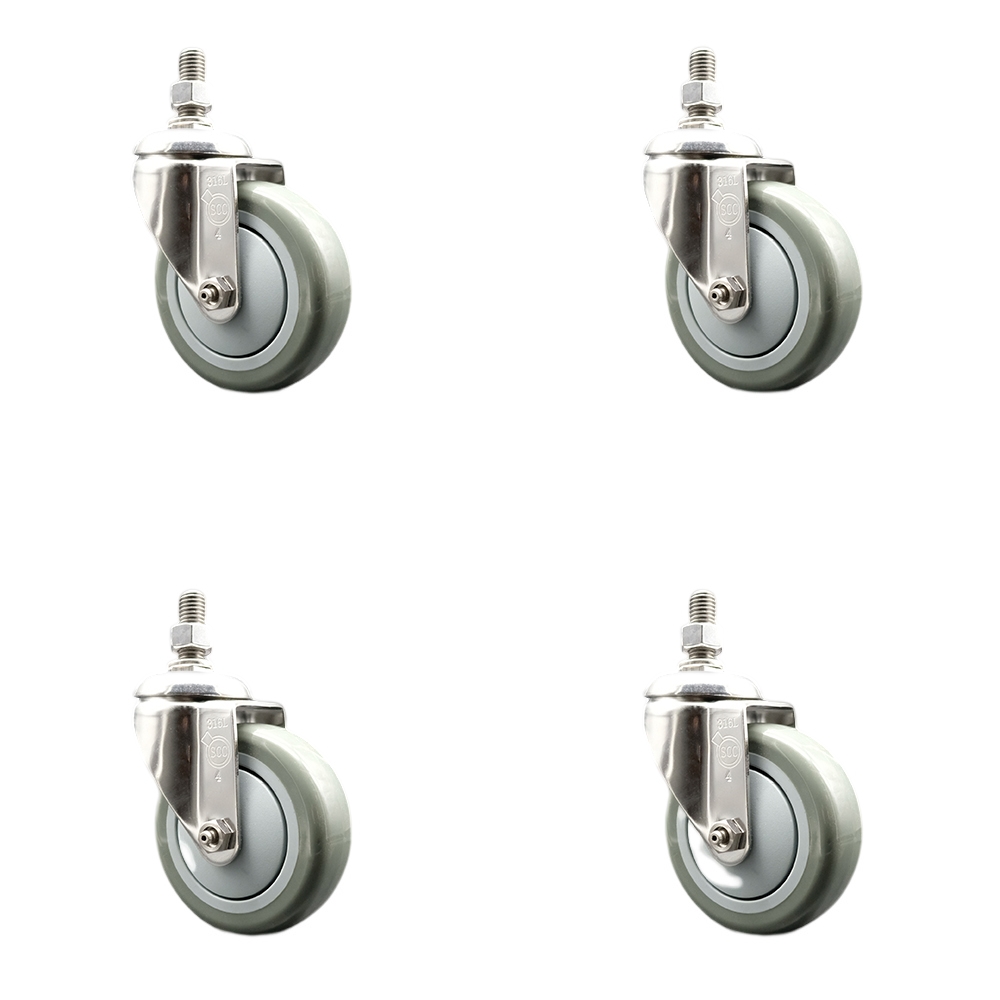 Polyurethane Swivel Stem Caster Set of 4 with 4 Inch Gray Caster Wheels - 12mm Metric Threaded Stems - 316 Stainless Steel Casters - Includes 4 Swivel Casters - Service Caster Brand — photo 1