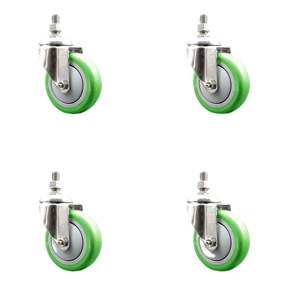 Polyurethane Swivel Stem Caster Set of 4 with 4 Inch Green Caster Wheels - 12mm Metric Threaded Stems - 316 Stainless Steel Casters - Includes 4 Swivel Casters - Service Caster Brand — photo 1
