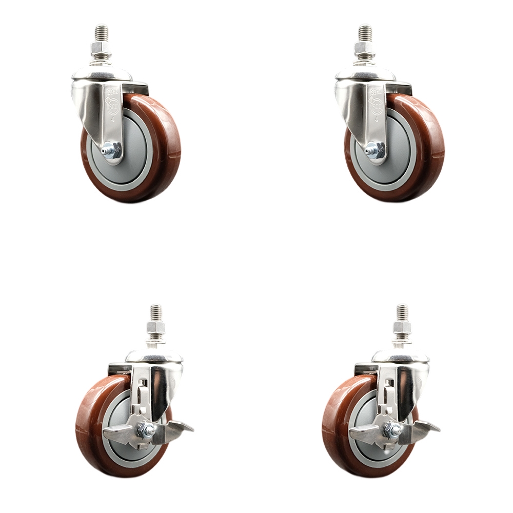 Poly Swivel Stem Caster Set of 4 with 4 Inch Maroon Caster Wheels - 1/2" Threaded Stems - 316 Stainless Steel Casters - Includes 2 Swivel Casters with Top Lock Brakes and 2 Swivel-Service Caster Brand — photo 1