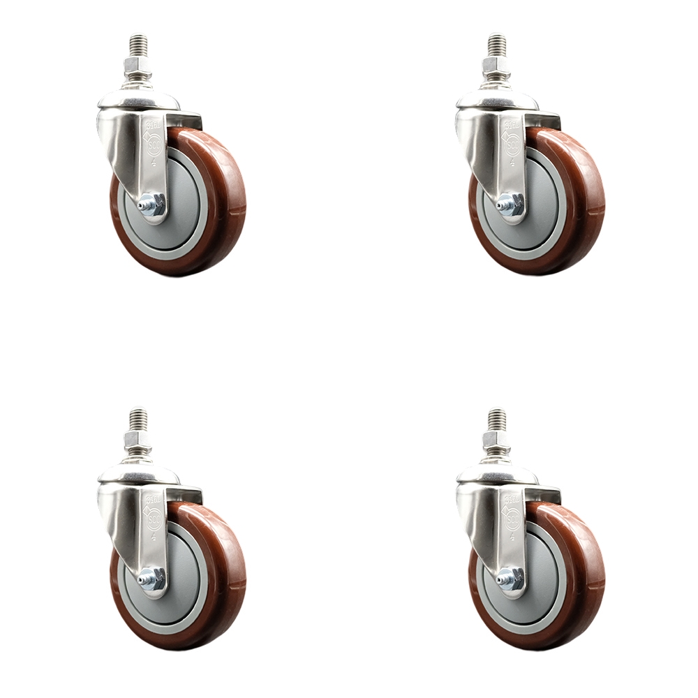 Polyurethane Swivel Stem Caster Set of 4 with 4 Inch Maroon Caster Wheels - 1/2" Threaded Stems - 316 Stainless Steel Casters - Includes 4 Swivel Casters - Service Caster Brand — photo 1