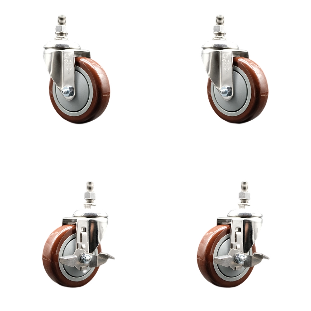Poly Swivel Stem Caster Set of 4 with 4 Inch Maroon Caster Wheels - 3/8" Threaded Stems - 316 Stainless Steel Casters - Includes 2 Swivel Casters with Top Lock Brakes and 2 Swivel-Service Caster Brand — photo 1