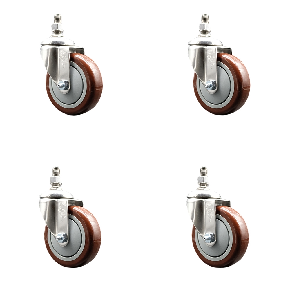 Polyurethane Swivel Stem Caster Set of 4 with 4 Inch Maroon Caster Wheels - 3/8" Threaded Stems - 316 Stainless Steel Casters - Includes 4 Swivel Casters - Service Caster Brand — photo 1