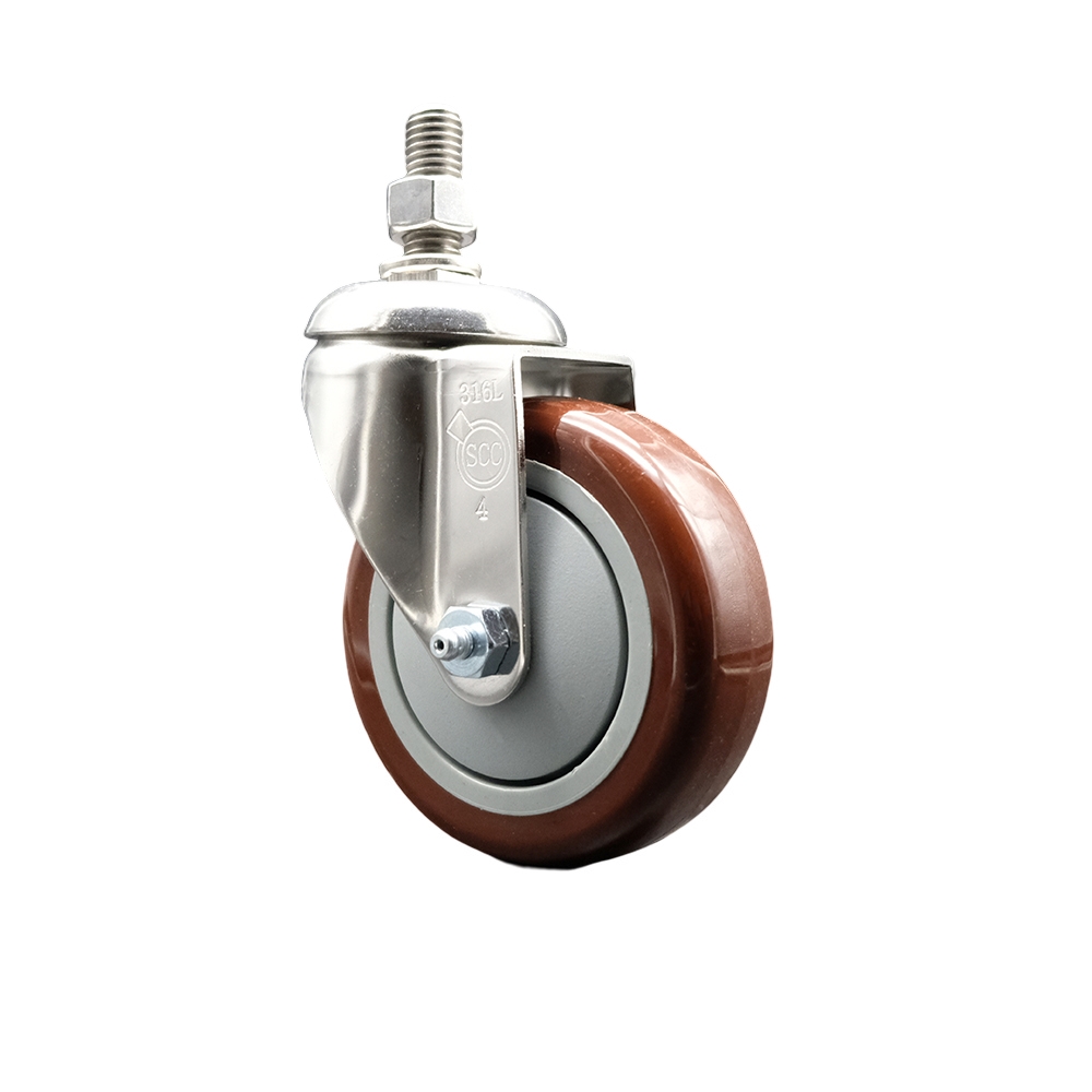 Polyurethane Swivel Stem Caster with 4 Inch Maroon Caster Wheel - 3/8" Threaded Stem - 316 Stainless Steel Caster - 350 lbs. Capacity Per Caster - Service Caster Brand — photo 1