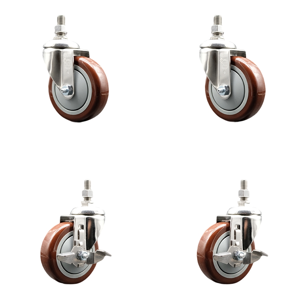 Poly Swivel Stem Caster Set of 4 with 4 Inch Maroon Caster Wheels-10mm Metric Threaded Stems-316 Stainless Steel Casters-Includes 2 Swivel Casters with Top Lock Brake and 2 Swivel-Service Caster Brand — photo 1