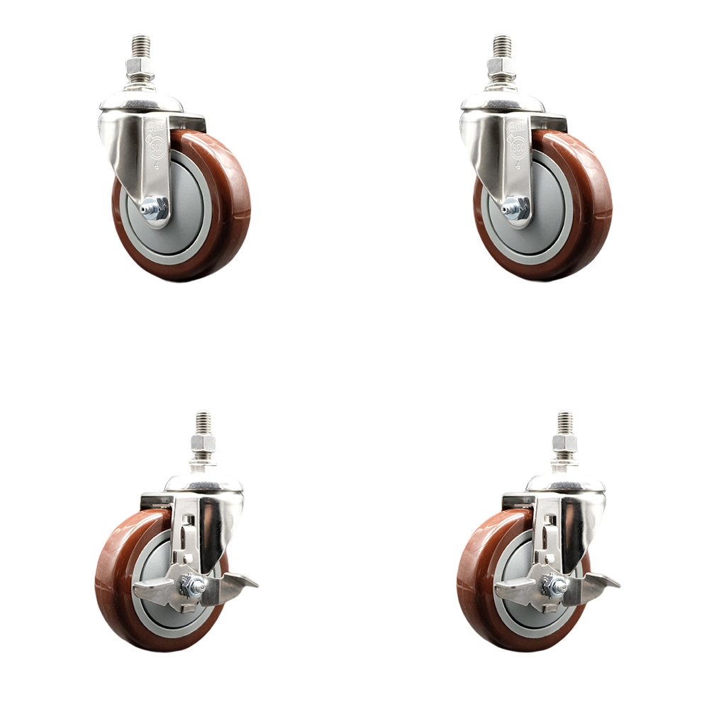 Poly Swivel Stem Caster Set of 4 with 4 Inch Maroon Caster Wheels-12mm Metric Threaded Stems-316 Stainless Steel Casters-Includes 2 Swivel Casters with Top Lock Brake and 2 Swivel-Service Caster Brand — photo 1