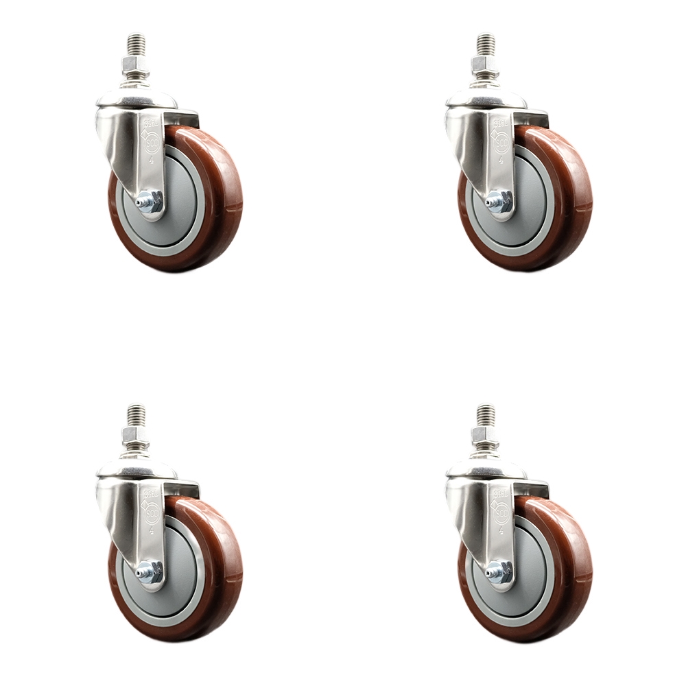 Polyurethane Swivel Stem Caster Set of 4 with 4 Inch Maroon Caster Wheels - 12mm Metric Threaded Stems - 316 Stainless Steel Casters - Includes 4 Swivel Casters - Service Caster Brand — photo 1