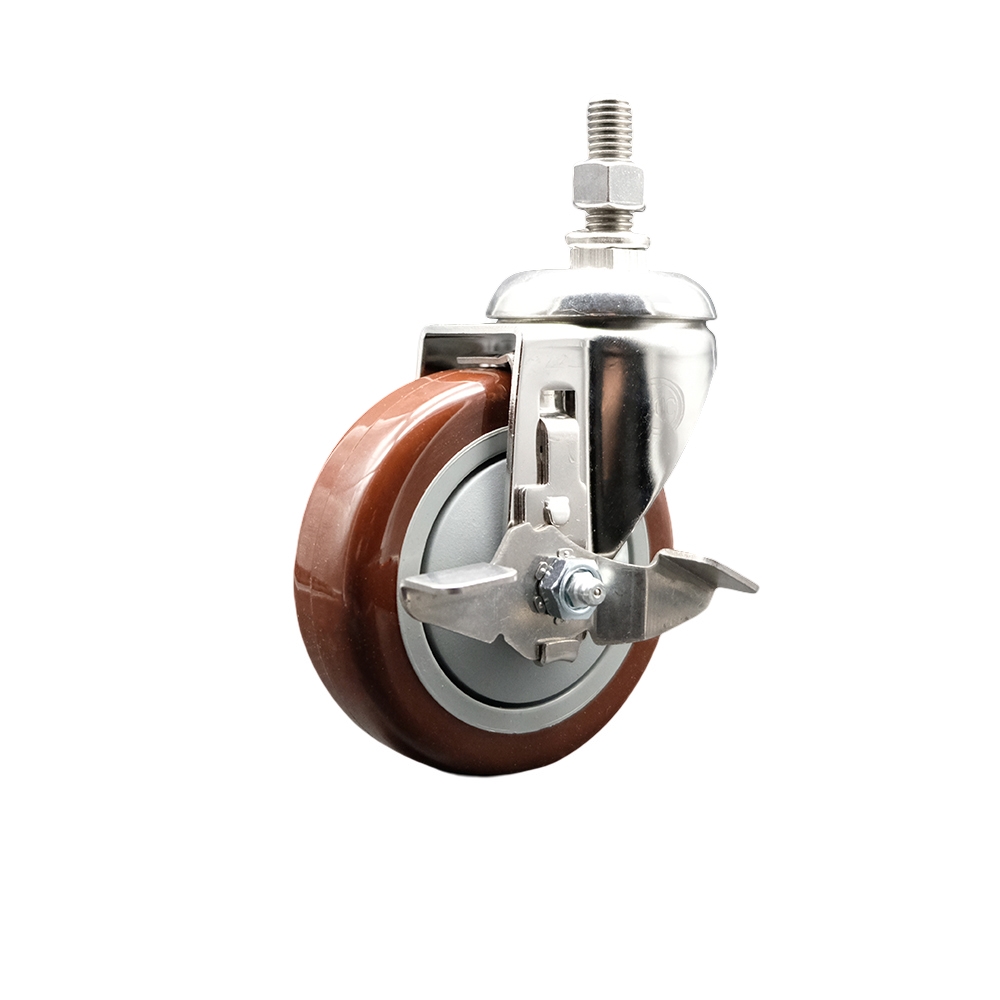 Polyurethane Swivel Stem Caster with 4 Inch Maroon Caster Wheel and Top Lock Brake - 1/2" Threaded Stem - 316 Stainless Steel Caster - 350 lbs. Capacity Per Caster - Service Caster Brand — photo 1