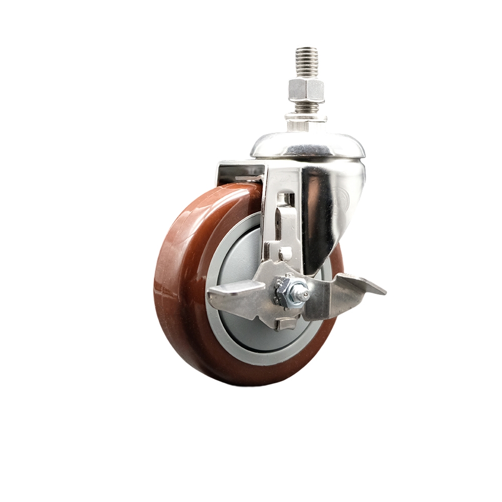 Polyurethane Swivel Stem Caster with 4 Inch Maroon Caster Wheel and Top Lock Brake - 3/8" Threaded Stem - 316 Stainless Steel Caster - 350 lbs. Capacity Per Caster - Service Caster Brand — photo 1