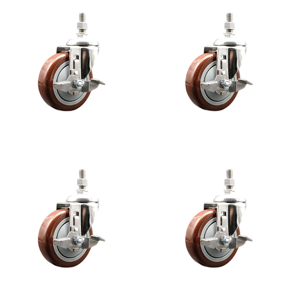 Polyurethane Swivel Stem Caster Set of 4 with 4 Inch Maroon Caster Wheels - 10mm Metric Threaded Stems - 316 Stainless Steel Casters-Includes 4 Swivel Casters with Top Lock Brakes-Service Caster Brand — photo 1