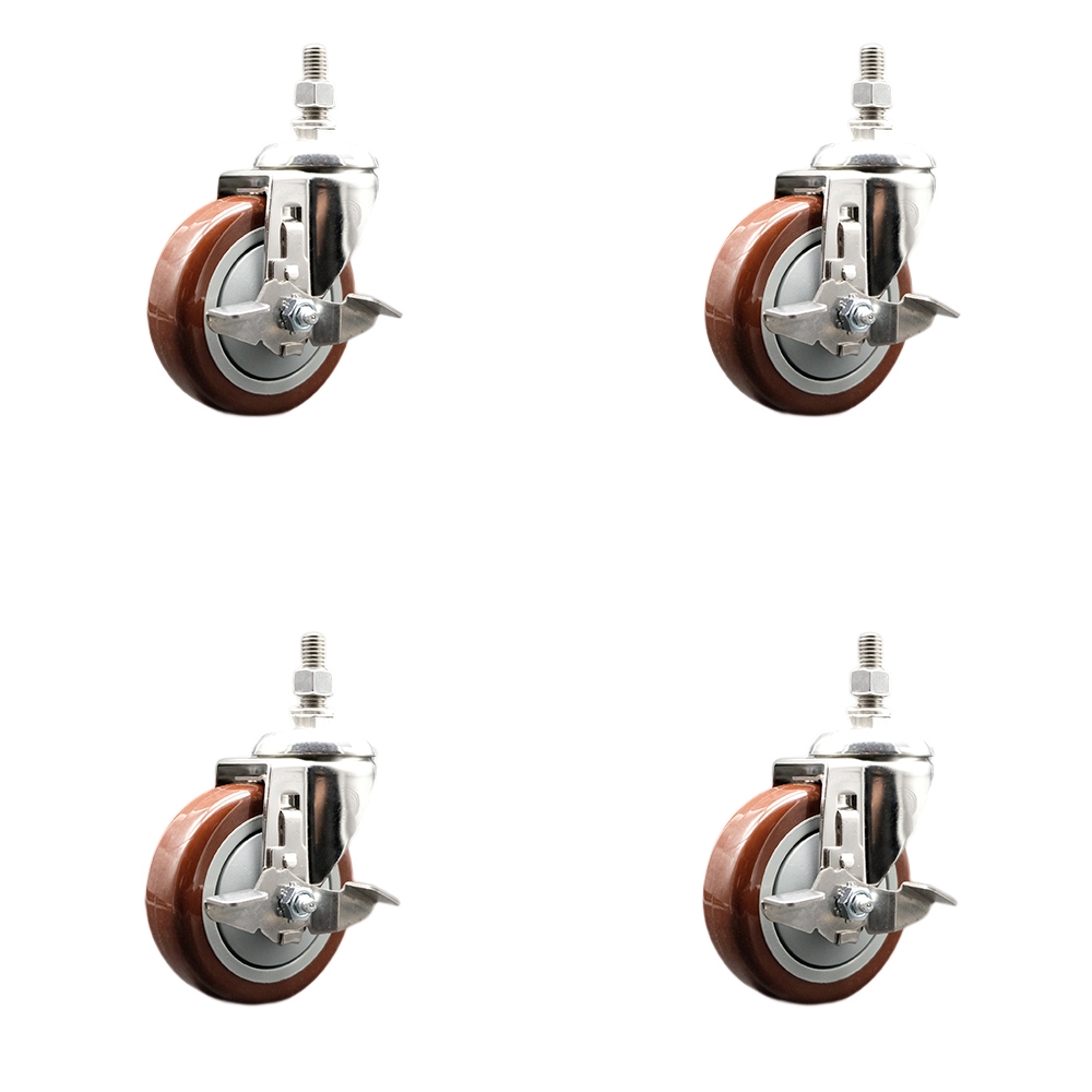 Polyurethane Swivel Stem Caster Set of 4 with 4 Inch Maroon Caster Wheels - 12mm Metric Threaded Stems - 316 Stainless Steel Casters-Includes 4 Swivel Casters with Top Lock Brakes-Service Caster Brand — photo 1