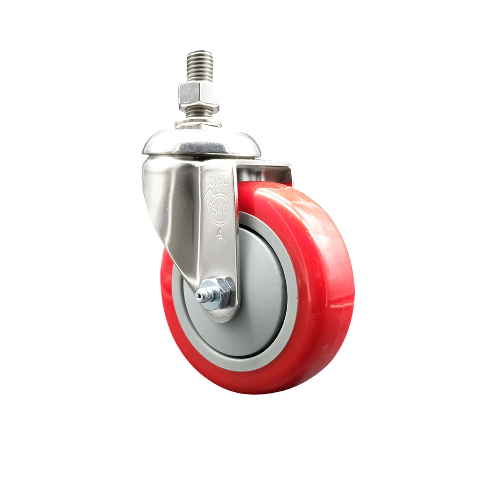 Polyurethane Swivel Stem Caster with 4 Inch Red Caster Wheel - 1/2" Threaded Stem - 316 Stainless Steel Caster - 350 lbs. Capacity Per Caster - Service Caster Brand — photo 1