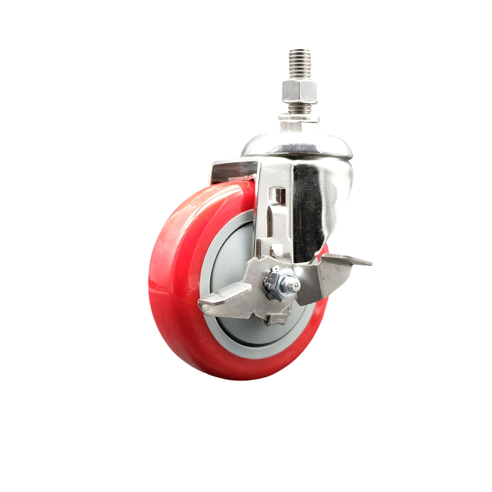 Polyurethane Swivel Stem Caster with 4 Inch Red Caster Wheel and Top Lock Brake - 1/2" Threaded Stem - 316 Stainless Steel Caster - 350 lbs. Capacity Per Caster - Service Caster Brand — photo 1